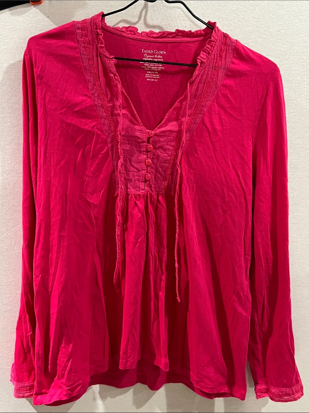 Faded Glory Hot Pink Long Sleeve Peasant Blouse